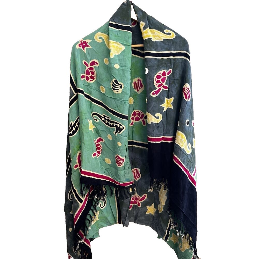 Beach Shawl Wrap Sarong Sea Life Turtle Sea Horse Starfish Print Rayon Green OS